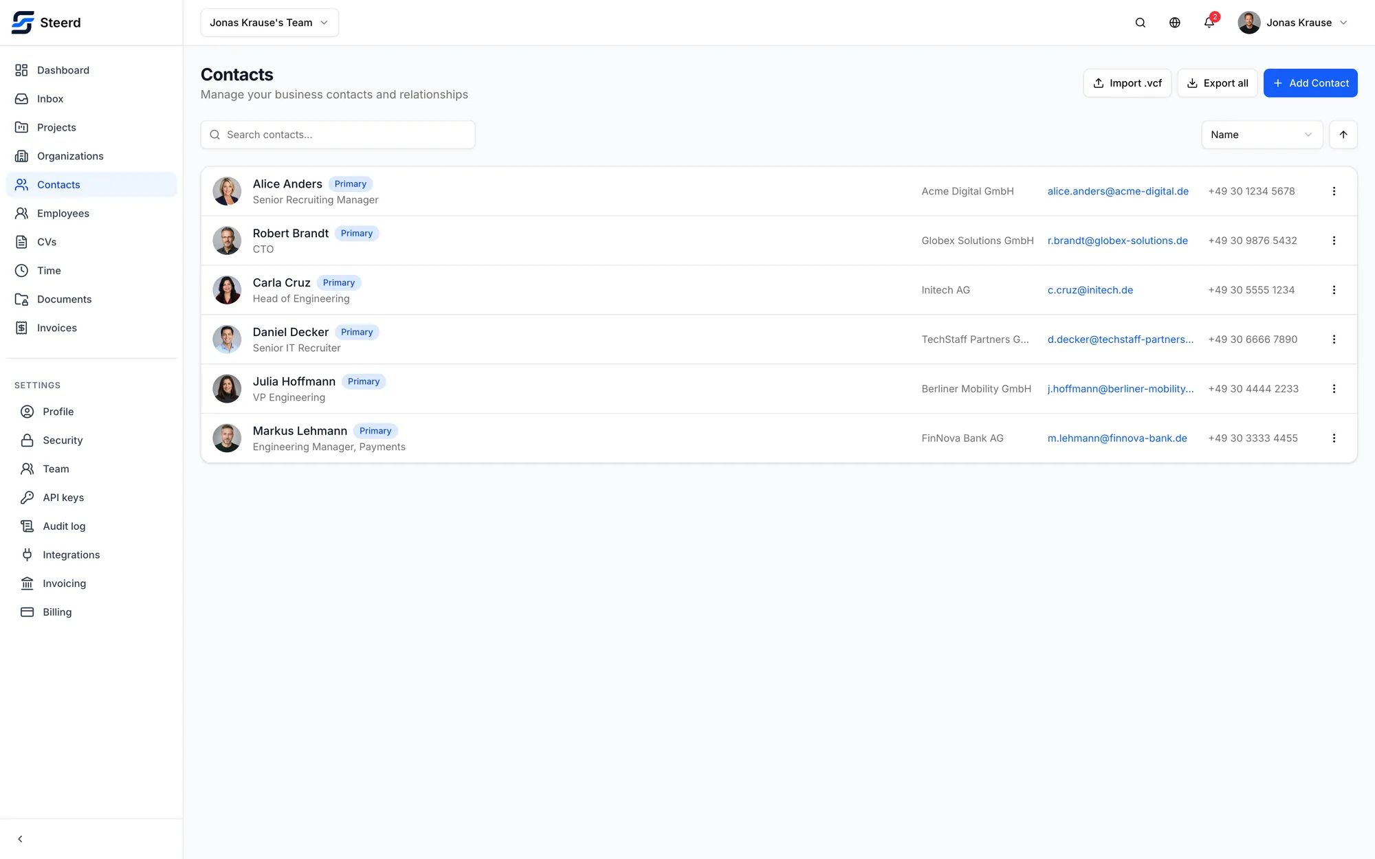A Steerd contact list of clients and recruiters, each with a photo, role and company