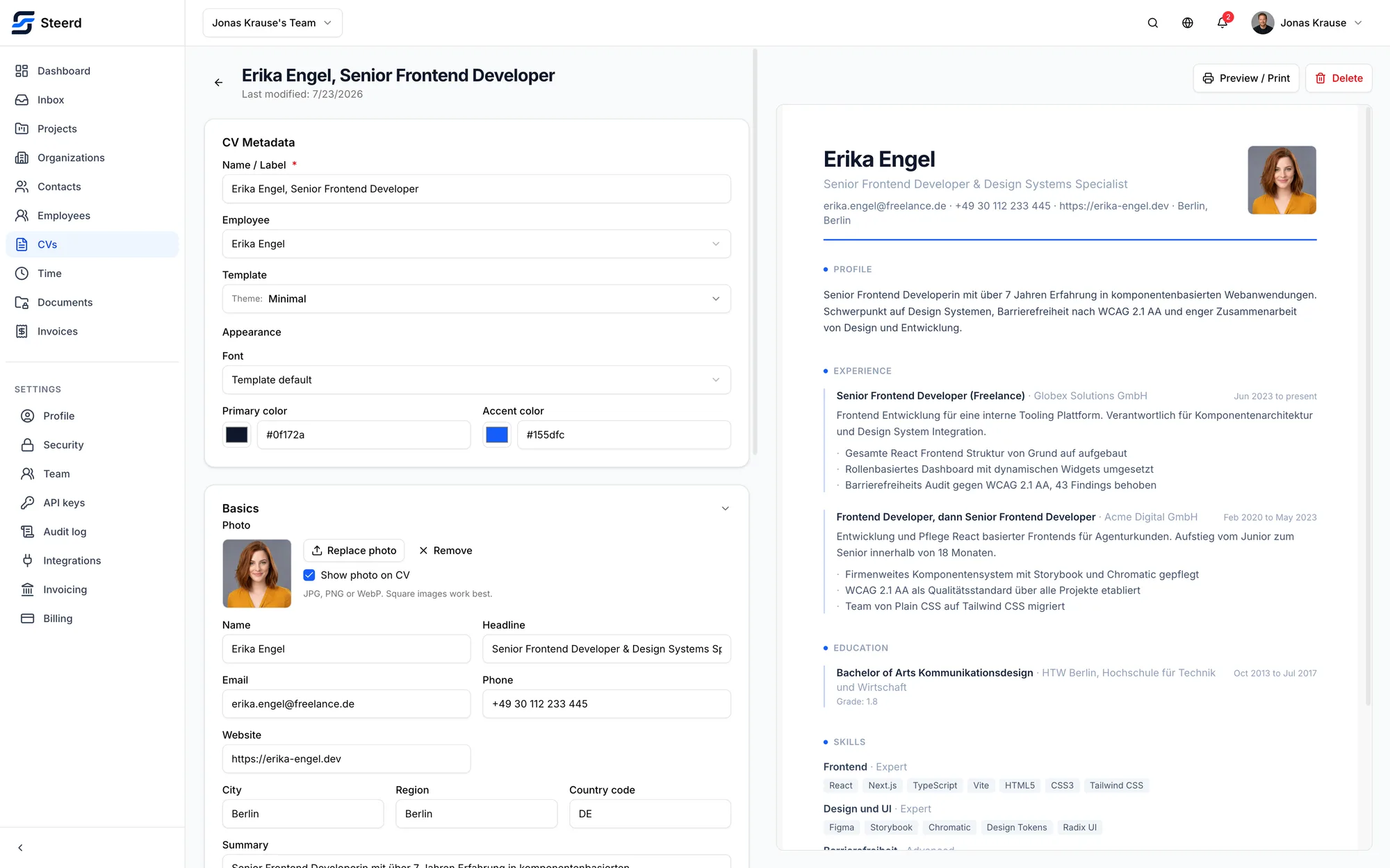 The Steerd CV editor with a live profile preview and a theme picker