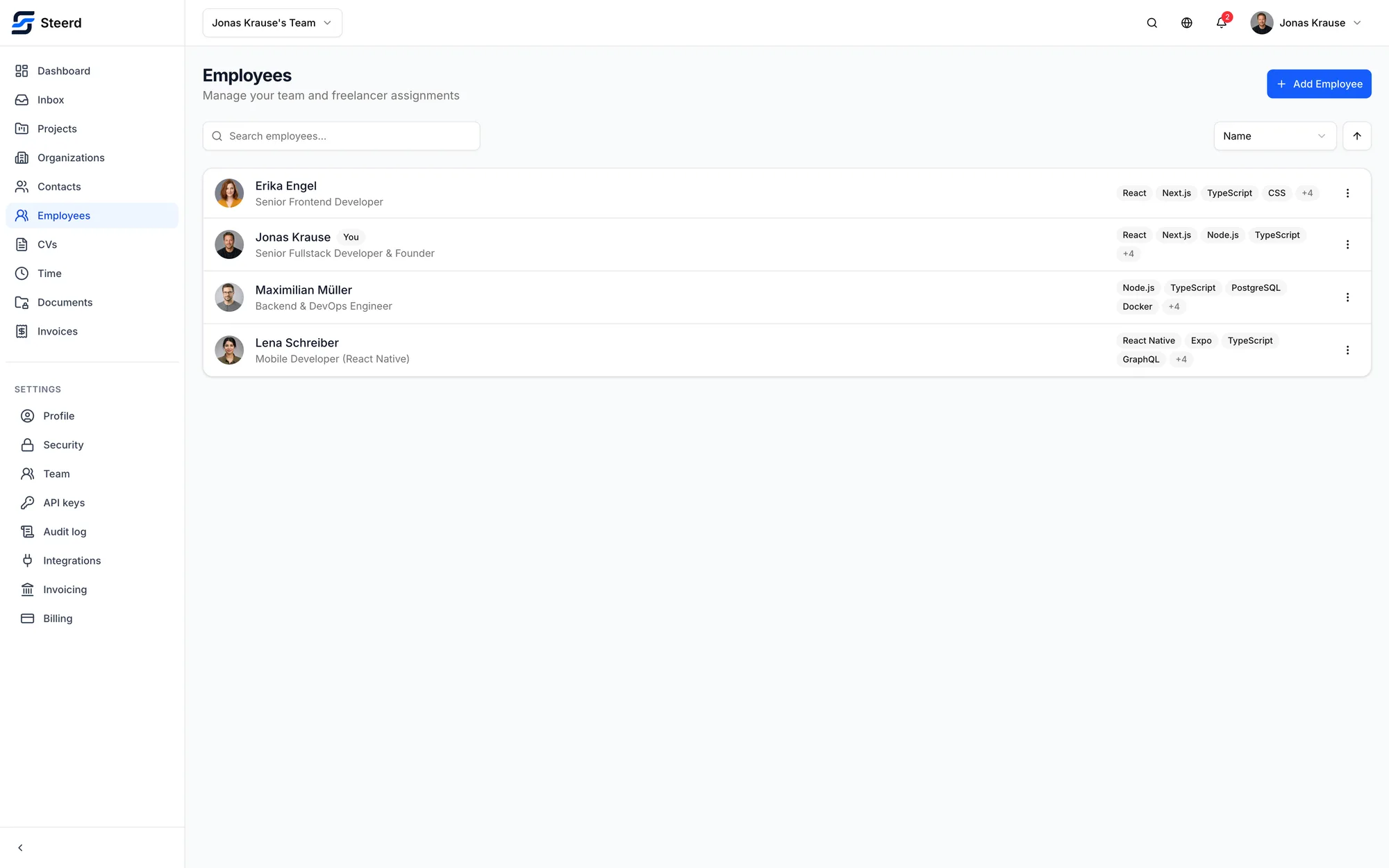 A Steerd team view: your people with their roles, skills and rates