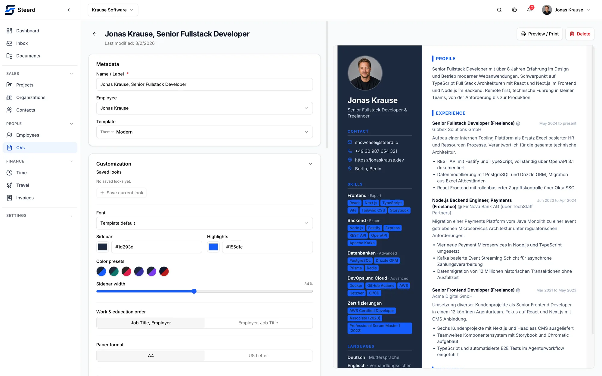 The Steerd CV editor: the theme, colors and layout controls on the left, a live preview of the finished CV with photo, profile, skills and work history on the right